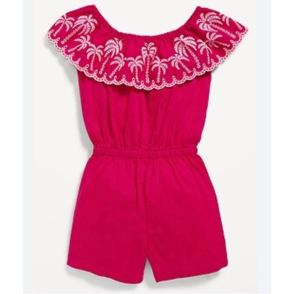 Old Navy Pink Embroidered Palm Ruffle Romper Girls 4T Cotton Summer Playwear